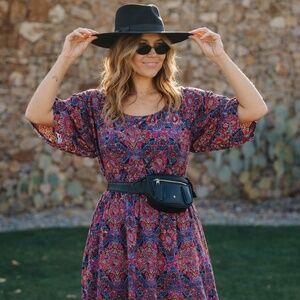 Vintage inspired Paisley Babydoll Dress Long Sleeve Flowy Mini Size S